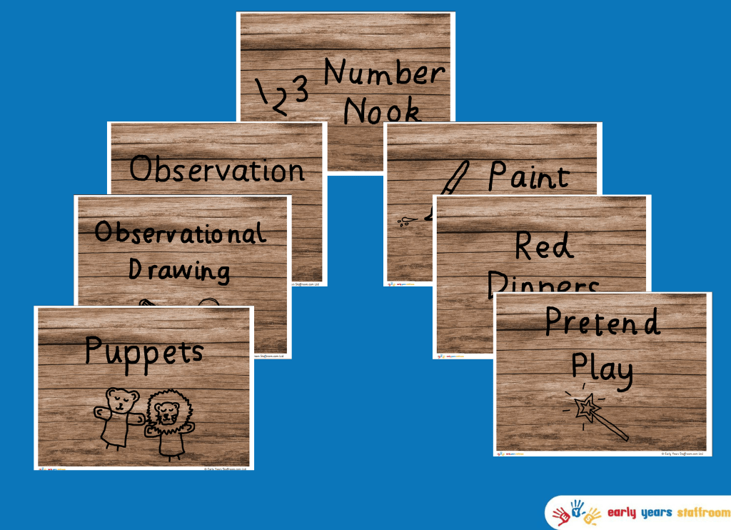 Area Signs For Early Years - Standard Font Hand Drawn / Wooden Background (N-Z)