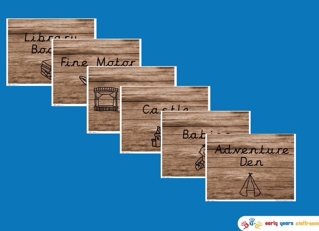 Area Signs For Early Years - Cursive Font Hand Drawn / Wooden Background