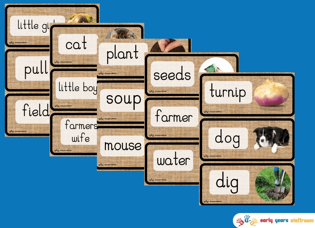 The Enormous Turnip Word Cards (Hessian Background)