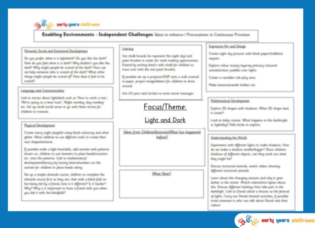 Early Years Enhanced Planning Brainstorm for Light and Dark
