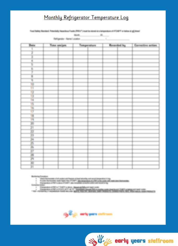 Monthly Refrigerator Temperature Log