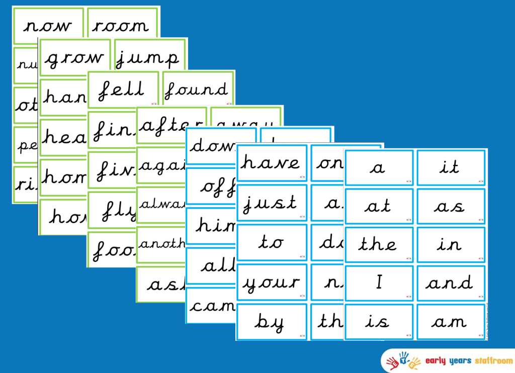 Common Words Flashcards Stage 1-3 (Cursive Font)