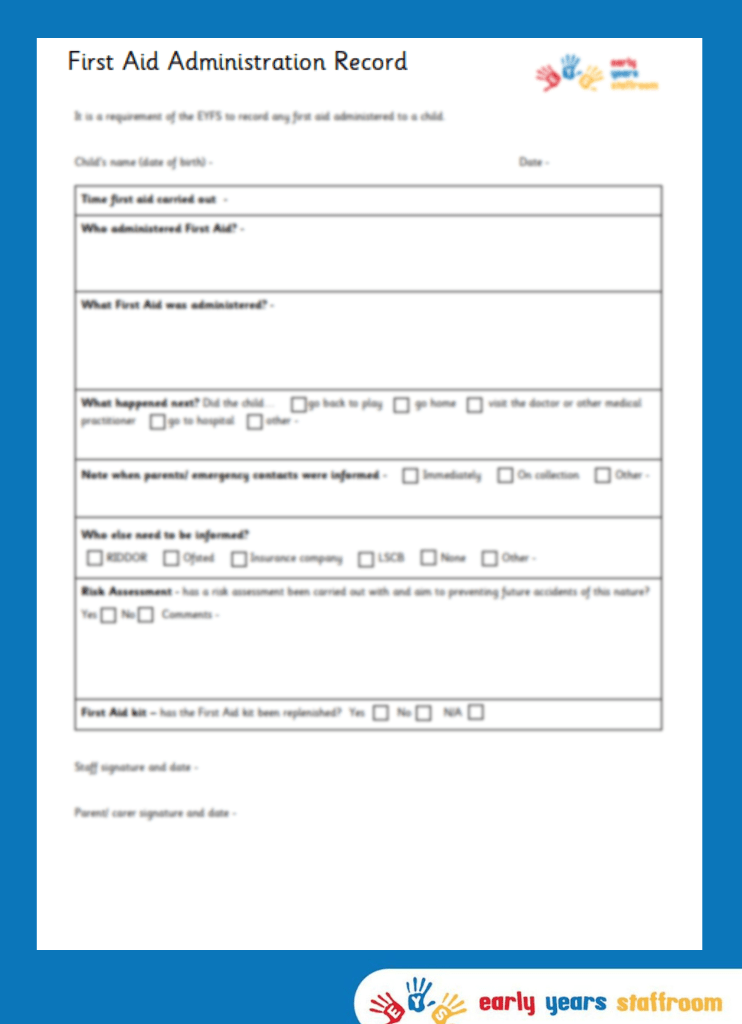 First Aid Administration Record Childminder / Nursery